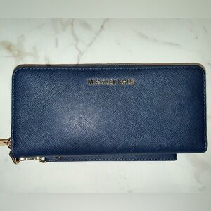 Michael Kors NavyBlue Zip Around Wallet Wristlet|Saffiano Leather|Gold Tone|NWOT